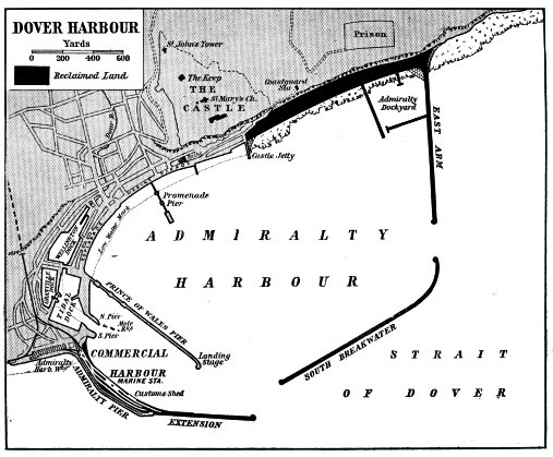 RECLAIMED LAND AND BREAKWATERS are shown in solid black on this map of Dover Harbour