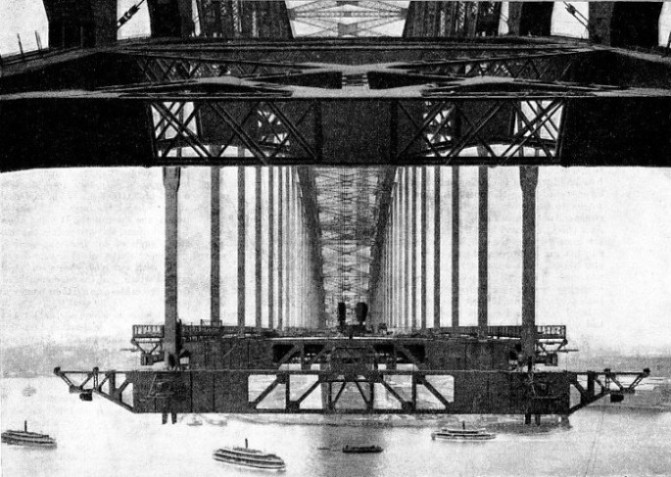 SUSPENDED FROM THE ARCH by hangers, the central portion of the deck of Sydney Harbour bridge is 170 feet above high water