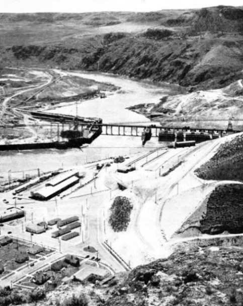 ACROSS THE COLUMBIA RIVER a huge cofferdam was built to divert the flow from part of the site of the Grand Coulee Dam